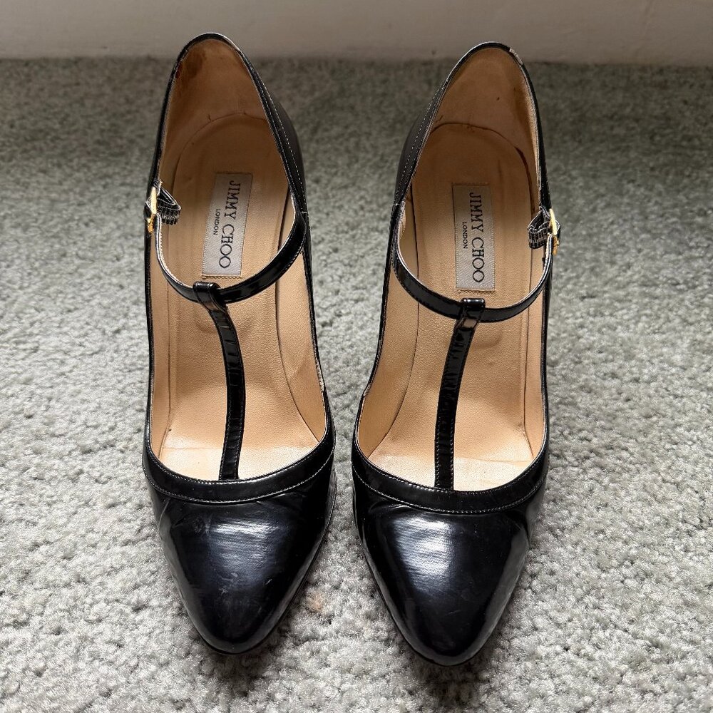 Jimmy Choo T-Strap Stiletto Mary Jane Black Patent Leather Pumps